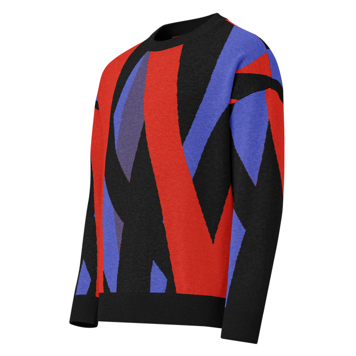 Striped Solace, abstract knit sweater in red, black and periwinkle