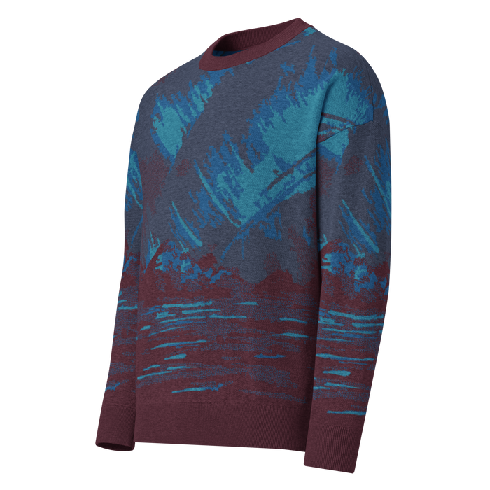 Northern Glow, abstract knit sweater in teal and wine