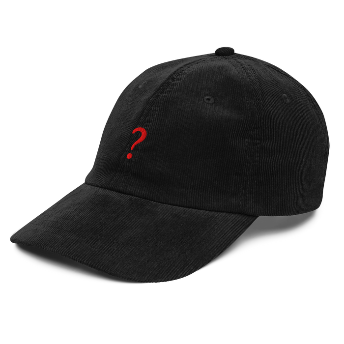 Question Mark, black corduroy cap embroidered in red