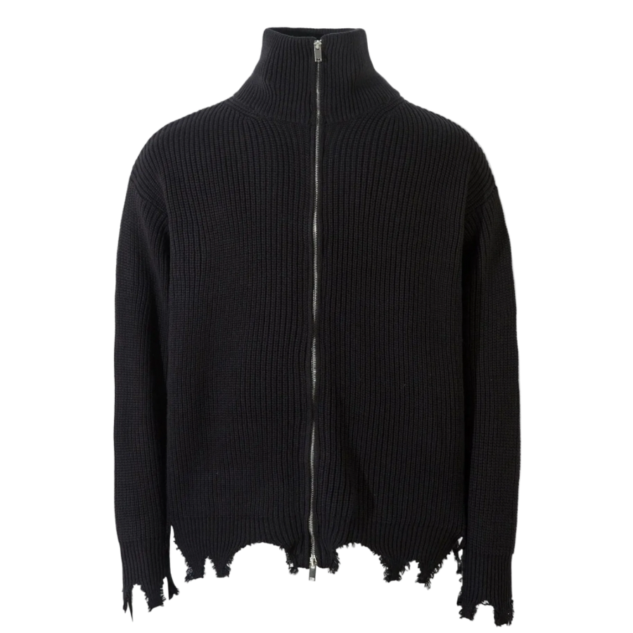 Unravel, black ribbed zip cardigan with a frayed hem
