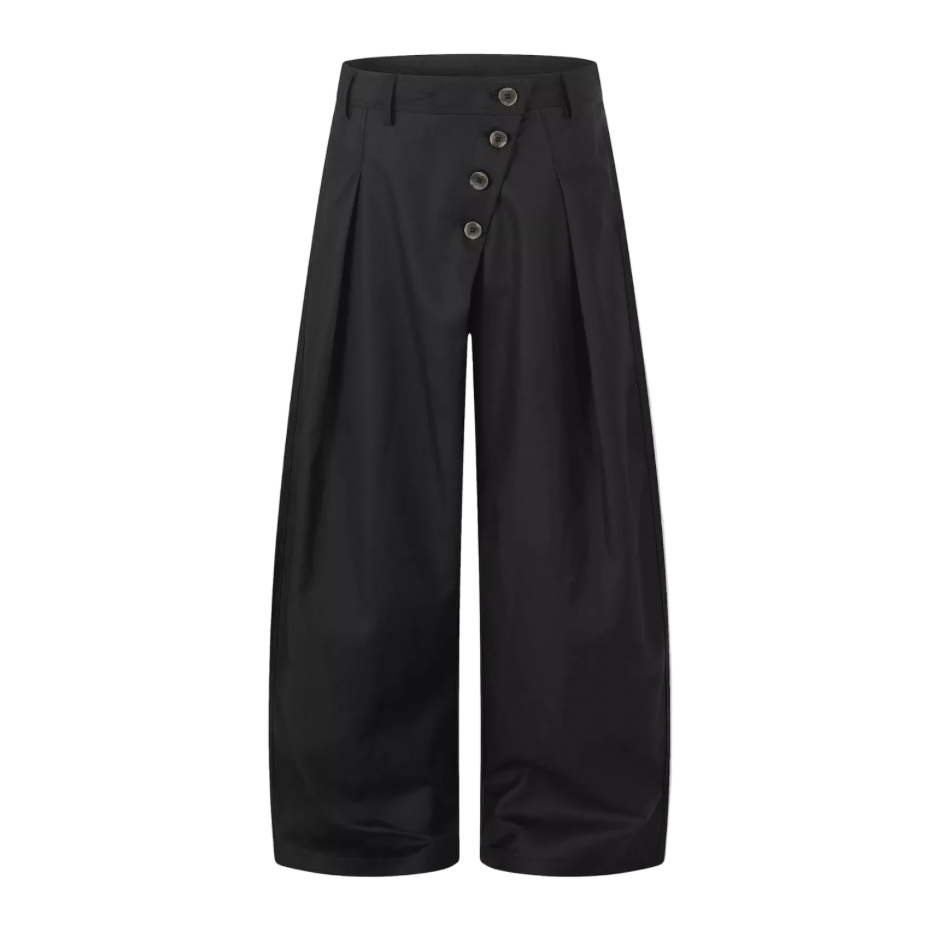 Broken Symmetry black asymmetrical-button wide-leg trousers – Antithesis Society