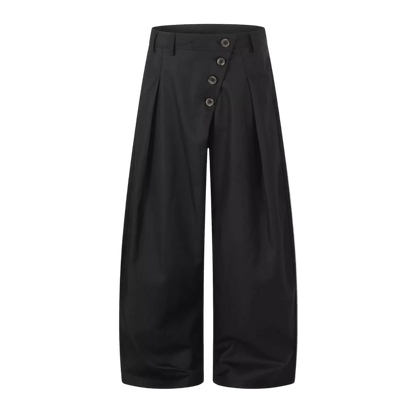Broken Symmetry black asymmetrical-button wide-leg trousers – Antithesis Society