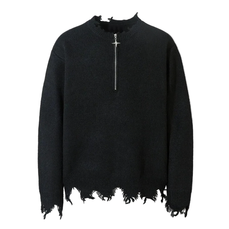 Erosion, distressed half-zip knit sweater