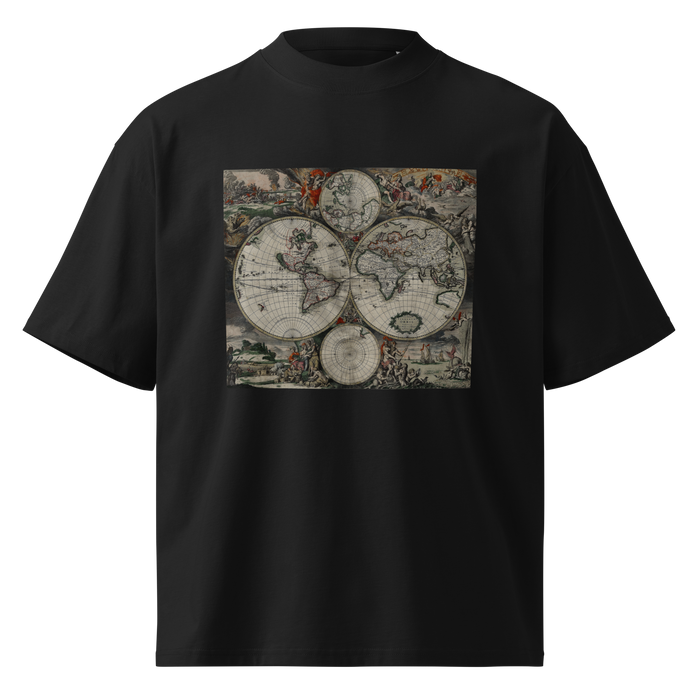 17th Century World Map, oversized black tee with an antique celestial chart