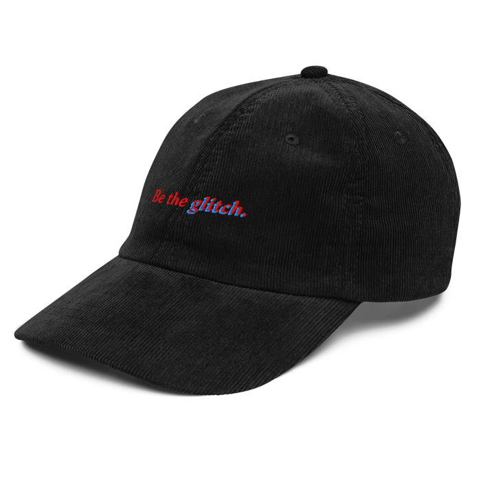 Be the Glitch, black corduroy cap embroidered in red